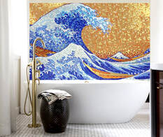 Iridescent and sparkly gold highlight this amazing glass mosaic of the famous wave by Hokusai